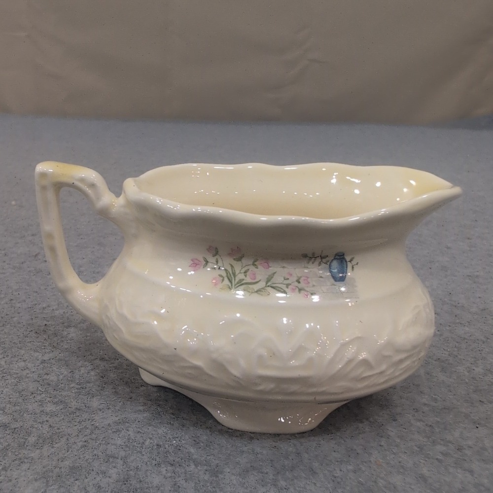 Vintage Creamer Pitcher Ceramic Floral Window Scene Embossed Cream Made in USA - Picture 1 of 5